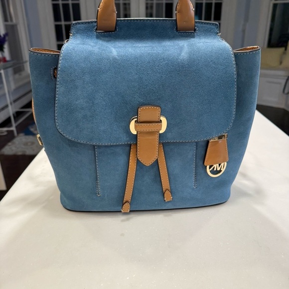 Michael Kors Women’s “Romy” Denim Blue Suede & Tan Leather Backpack NWT - Picture 15 of 16